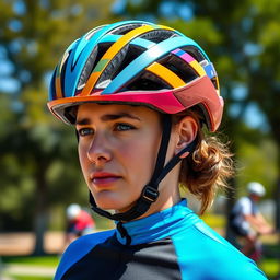 An individual wearing a stylish, colorful helmet, standing confidently