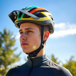 An individual wearing a stylish, colorful helmet, standing confidently