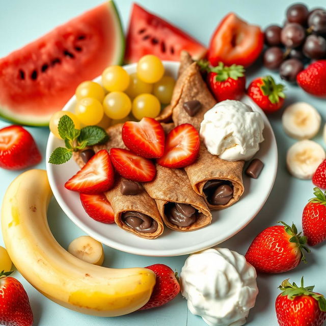 A vibrant and appetizing scene featuring small 5 cm chocolate-filled crepes beautifully arranged on a plate