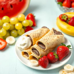 A vibrant and appetizing scene featuring small 5 cm chocolate-filled crepes beautifully arranged on a plate