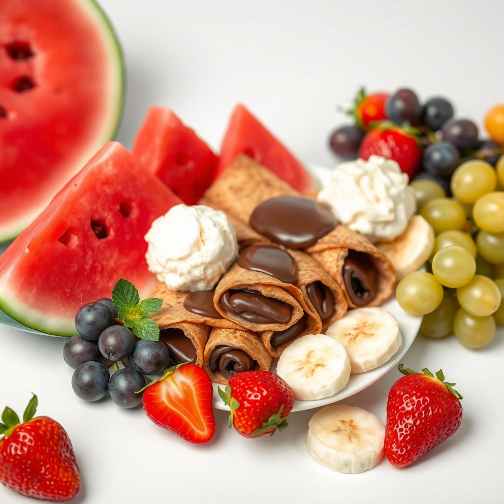 A vibrant and appetizing scene featuring small 5 cm chocolate-filled crepes beautifully arranged on a plate