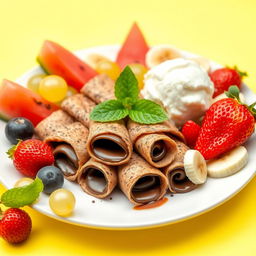 A vibrant and appetizing scene featuring small 5 cm chocolate-filled crepes beautifully arranged on a plate