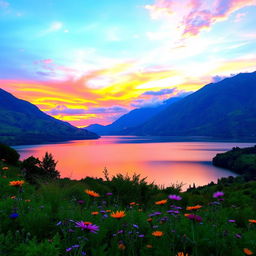 A stunning landscape featuring a vibrant sunset over a tranquil lake, surrounded by lush green mountains