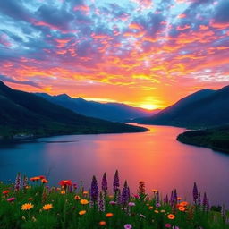 A stunning landscape featuring a vibrant sunset over a tranquil lake, surrounded by lush green mountains