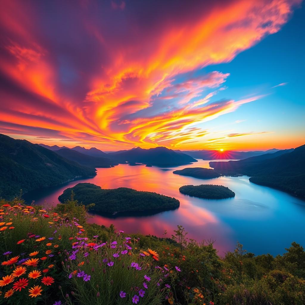 A stunning landscape featuring a vibrant sunset over a tranquil lake, surrounded by lush green mountains