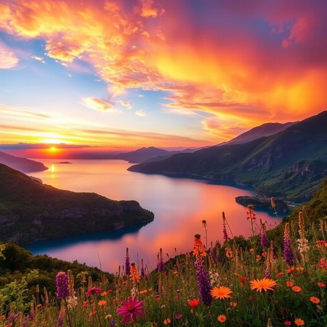 A stunning landscape featuring a vibrant sunset over a tranquil lake, surrounded by lush green mountains