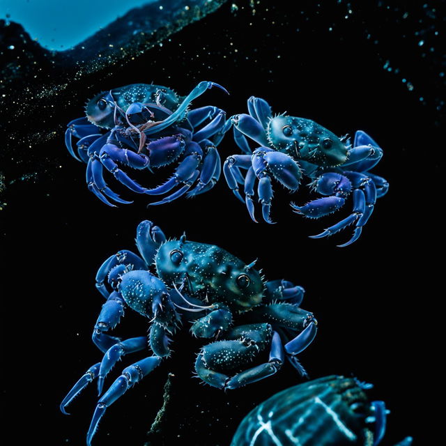 A high-quality underwater photograph showcasing crab species found in the Mariana Trench