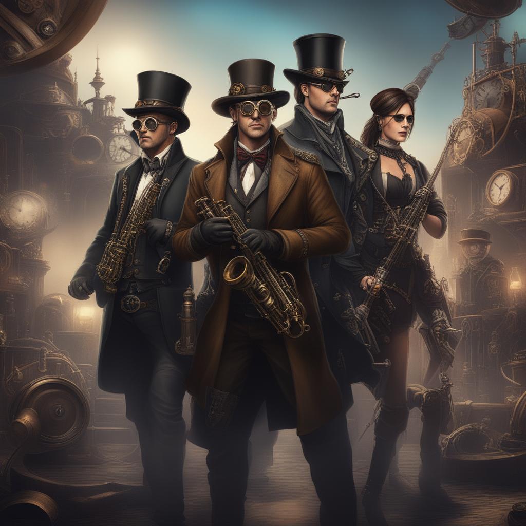 A high-quality digital art piece that portrays a rock band in a Steampunk setting