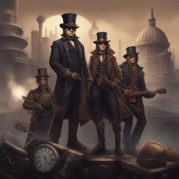 A high-quality digital art piece that portrays a rock band in a Steampunk setting