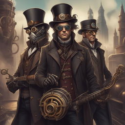 A high-quality digital art piece that portrays a rock band in a Steampunk setting