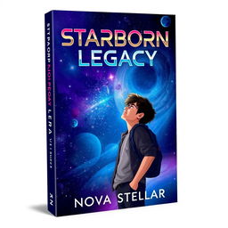 A captivating book cover for 'Starborn Legacy' by Nova Stellar, tailored for a young adult sci-fi audience