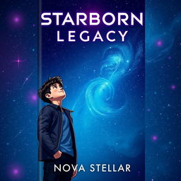 A captivating book cover for 'Starborn Legacy' by Nova Stellar, tailored for a young adult sci-fi audience
