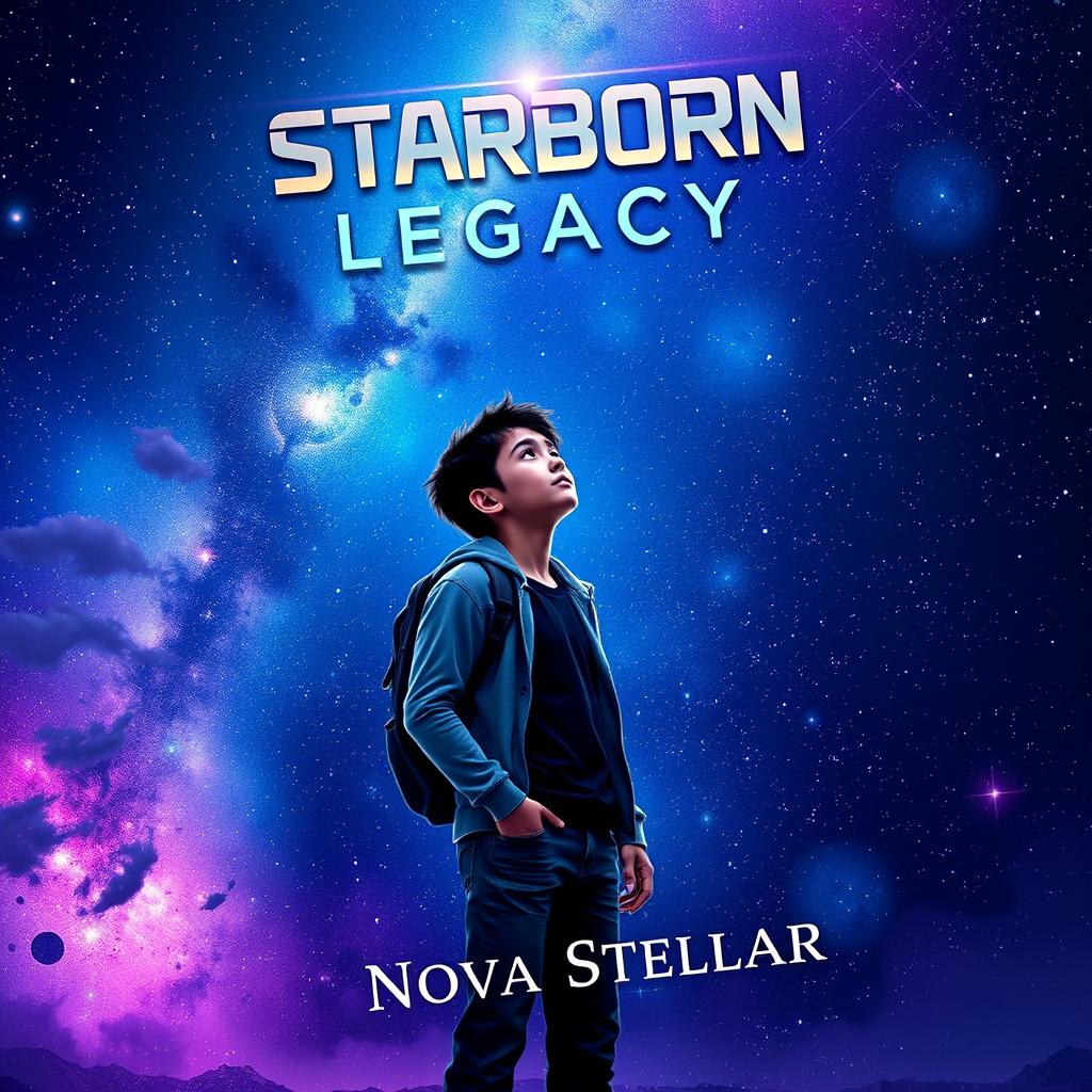 A captivating book cover for 'Starborn Legacy' by Nova Stellar, tailored for a young adult sci-fi audience