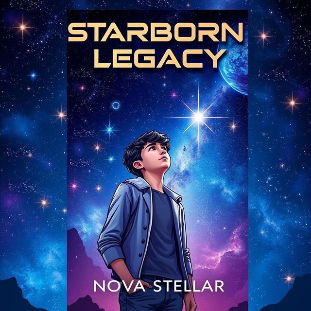 A captivating book cover for 'Starborn Legacy' by Nova Stellar, tailored for a young adult sci-fi audience