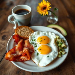 A beautifully arranged breakfast plate featuring a perfectly cooked sunny-side-up egg on a rustic wooden table