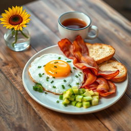 A beautifully arranged breakfast plate featuring a perfectly cooked sunny-side-up egg on a rustic wooden table