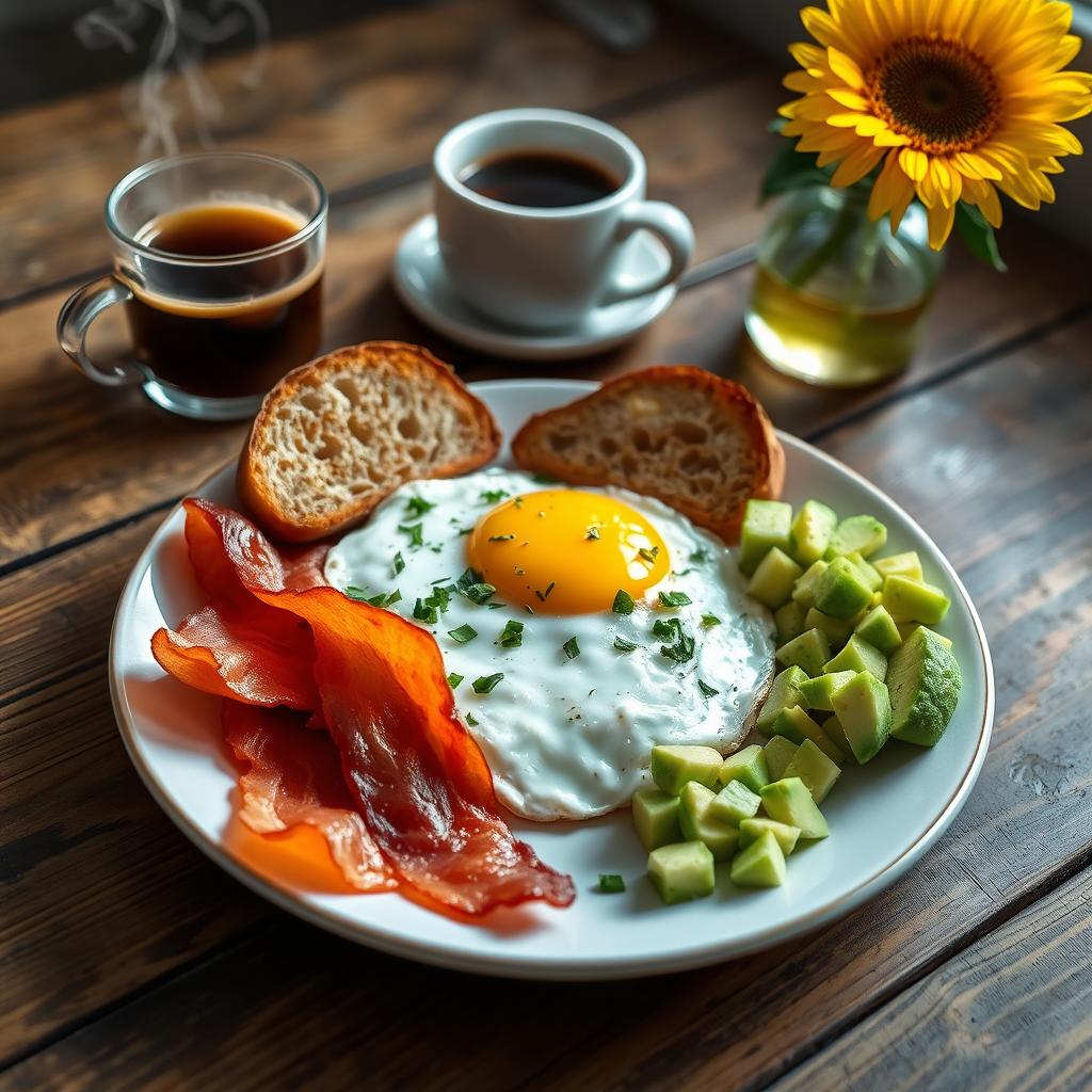 A beautifully arranged breakfast plate featuring a perfectly cooked sunny-side-up egg on a rustic wooden table