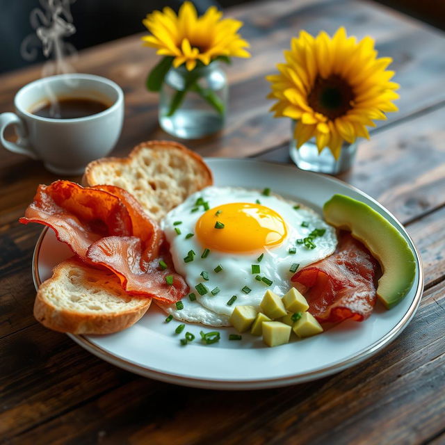 A beautifully arranged breakfast plate featuring a perfectly cooked sunny-side-up egg on a rustic wooden table