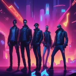 A high-quality digital art piece that portrays a rock band in an Electropunk setting