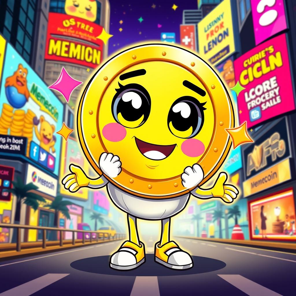 A vibrant, animated cartoon character designed specifically for a memecoin