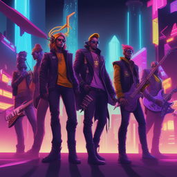 A high-quality digital art piece that portrays a rock band in an Electropunk setting