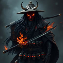 A shadowy figure named Kenji Hittori with long, flowing black hair reaching his waist, embodying a haunting remnant of his humanity