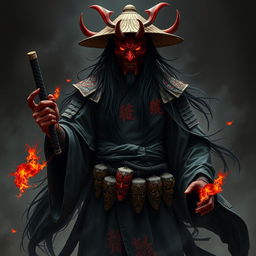 A shadowy figure named Kenji Hittori with long, flowing black hair reaching his waist, embodying a haunting remnant of his humanity
