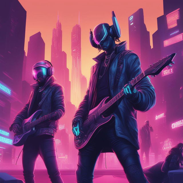 A high-quality digital art piece that portrays a rock band in a Cyberpunk setting