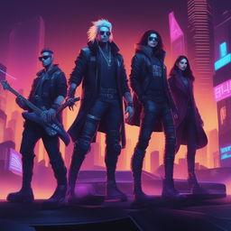 A high-quality digital art piece that portrays a rock band in a Cyberpunk setting