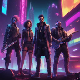 A high-quality digital art piece that portrays a rock band in a Cyberpunk setting