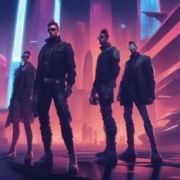 A high-quality digital art piece that portrays a rock band in a Cyberpunk setting