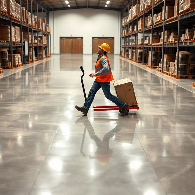 A scene of a spacious floor in a warehouse, where the ground is made of very smooth shiny ceramic tiles, gently sloping downward