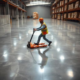 A scene of a spacious floor in a warehouse, where the ground is made of very smooth shiny ceramic tiles, gently sloping downward