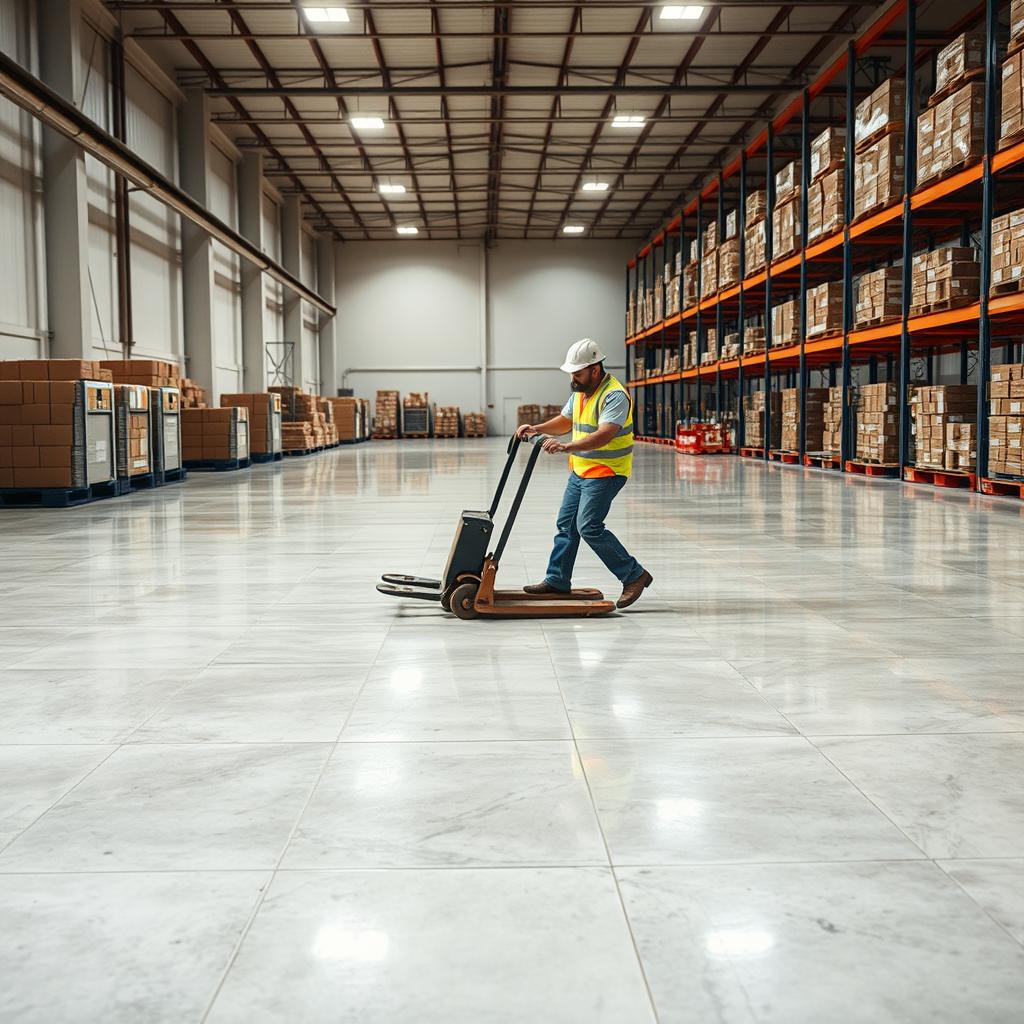 A scene of a spacious floor in a warehouse, where the ground is made of very smooth shiny ceramic tiles, gently sloping downward