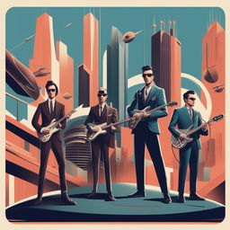 A high-quality digital art piece that portrays a rock band in an Atompunk setting