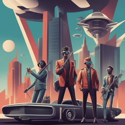 A high-quality digital art piece that portrays a rock band in an Atompunk setting