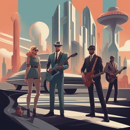 A high-quality digital art piece that portrays a rock band in an Atompunk setting