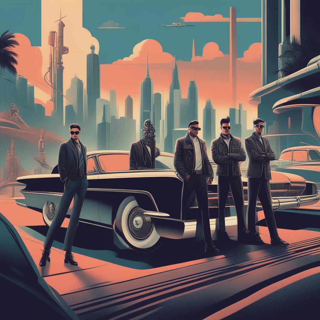 A high-quality digital art piece that portrays a rock band in an Atompunk setting