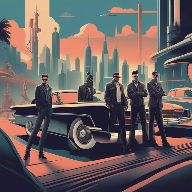 A high-quality digital art piece that portrays a rock band in an Atompunk setting