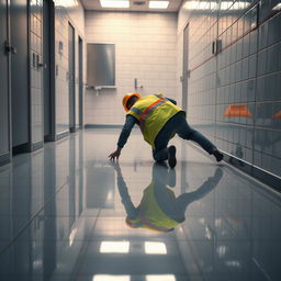A cinematic scene depicting a commercial bathroom floor with glossy ceramic tiles, presenting a gentle slope