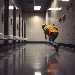 A cinematic scene depicting a commercial bathroom floor with glossy ceramic tiles, presenting a gentle slope