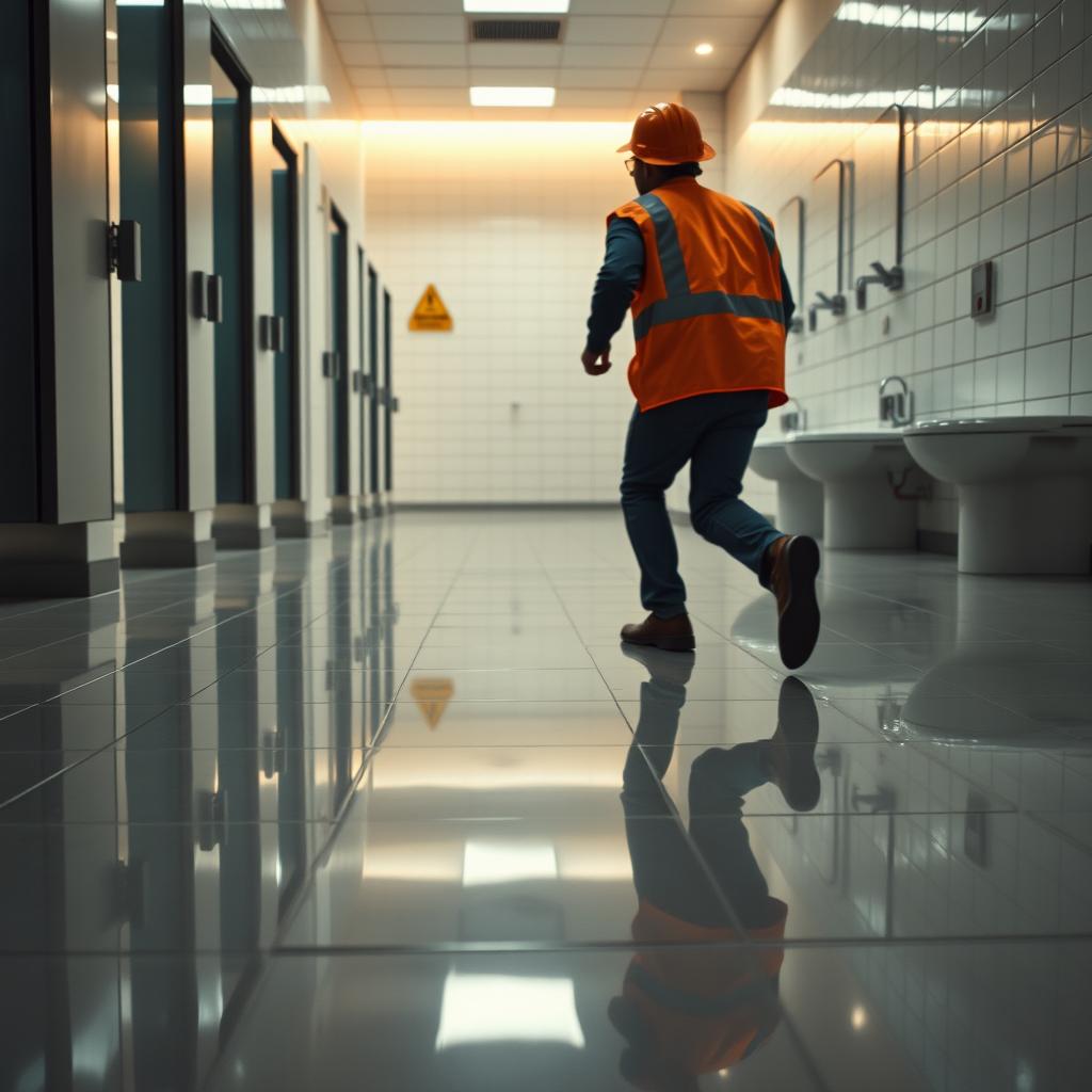 A cinematic scene depicting a commercial bathroom floor with glossy ceramic tiles, presenting a gentle slope