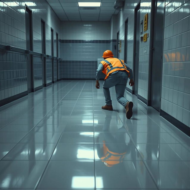 A cinematic scene depicting a commercial bathroom floor with glossy ceramic tiles, presenting a gentle slope