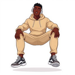 An animated scene featuring a stylish black man dressed in a trendy beige streetwear hoodie and matching cargo jeans