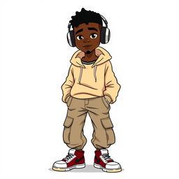 An animated scene featuring a stylish black man dressed in a trendy beige streetwear hoodie and matching cargo jeans