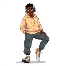 An animated scene featuring a stylish black man dressed in a trendy beige streetwear hoodie and matching cargo jeans
