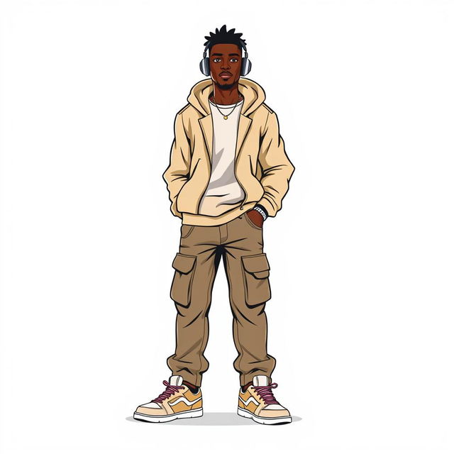 An animated scene featuring a stylish black man dressed in a trendy beige streetwear hoodie and matching cargo jeans