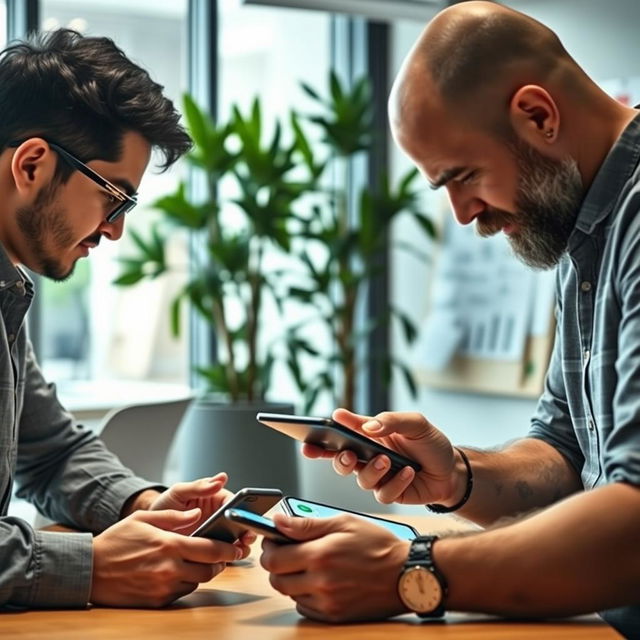 A group of three men in a modern office, gathered around a table, focused on their smartphones as they read messages on WhatsApp