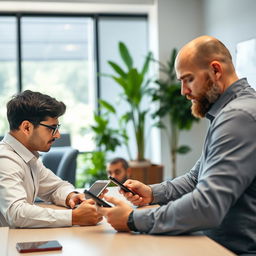 A group of three men in a modern office, gathered around a table, focused on their smartphones as they read messages on WhatsApp