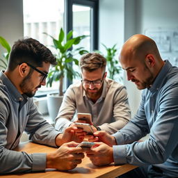 A group of three men in a modern office, gathered around a table, focused on their smartphones as they read messages on WhatsApp